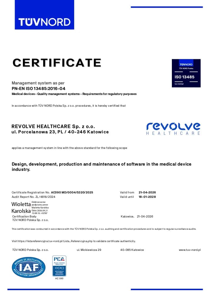 ISO 13485 CERTIFICATE - REVOLVE HEALTHCARE 21.04.2026 - 18.01.2028